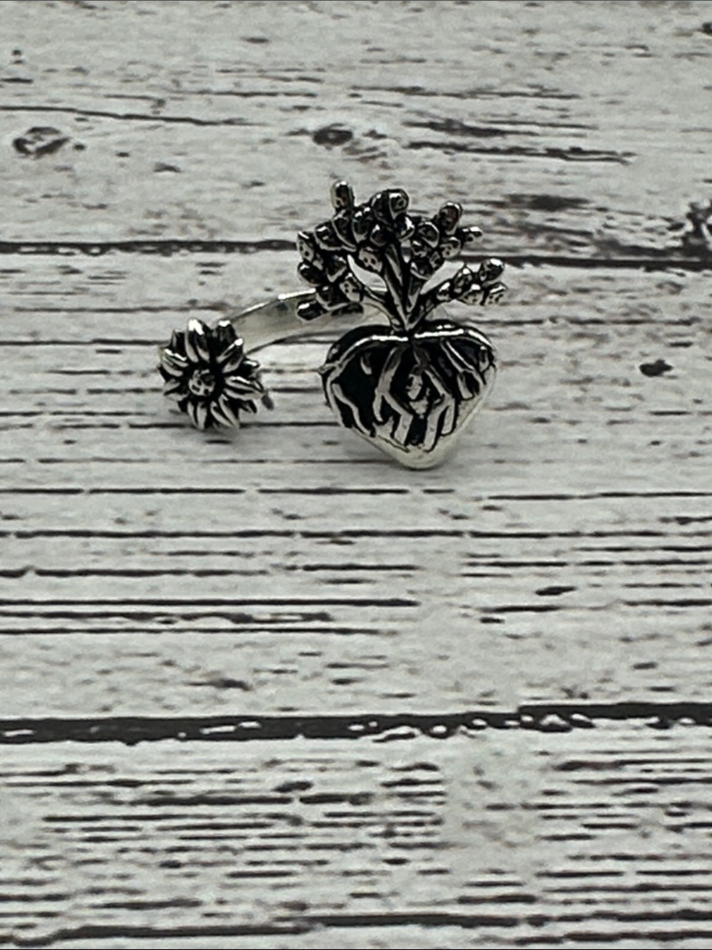 Adjustable Bypass Floral Heart Ring - Silver 925